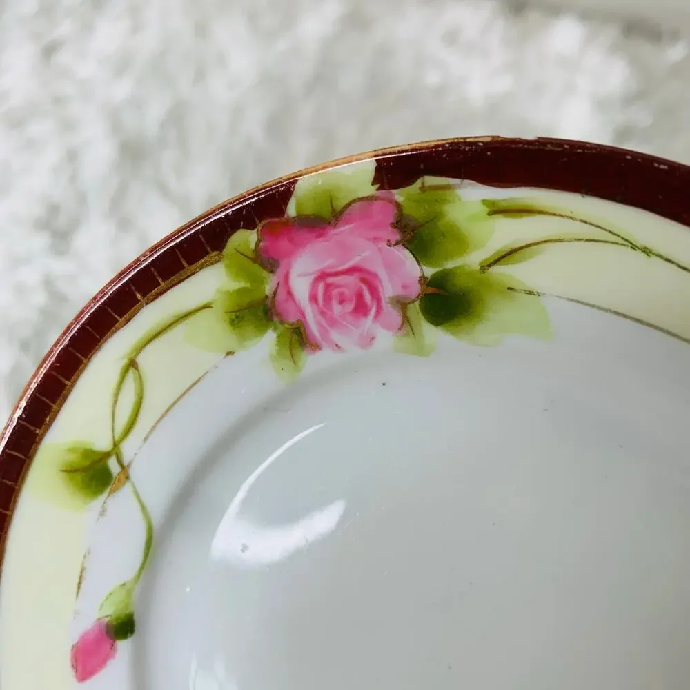 Nippon Hand Painted Rose Plate Pink Roses Green Leaves 5 3/8